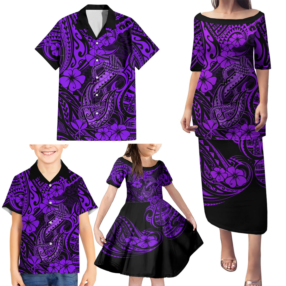 Hawaii Fish Hook Family Matching Puletasi Dress and Hawaiian Shirt Hibiscus Hawaii Tribal Tattoo Purple Version - Wonder Print Shop