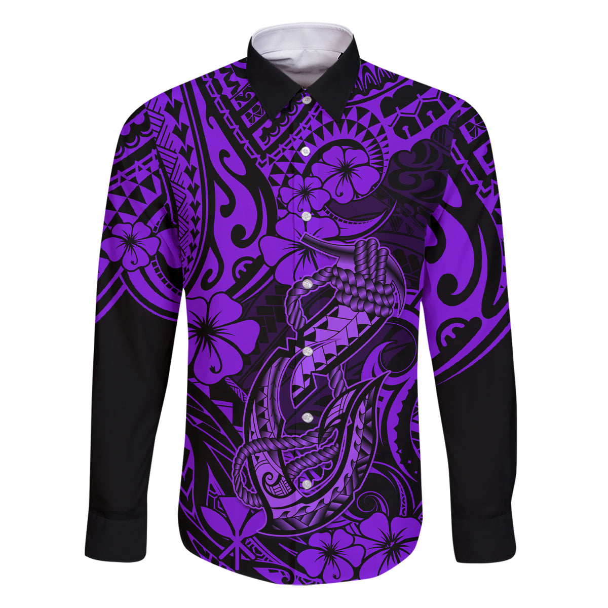 Hawaii Fish Hook Family Matching Puletasi Dress and Hawaiian Shirt Hibiscus Hawaii Tribal Tattoo Purple Version - Wonder Print Shop