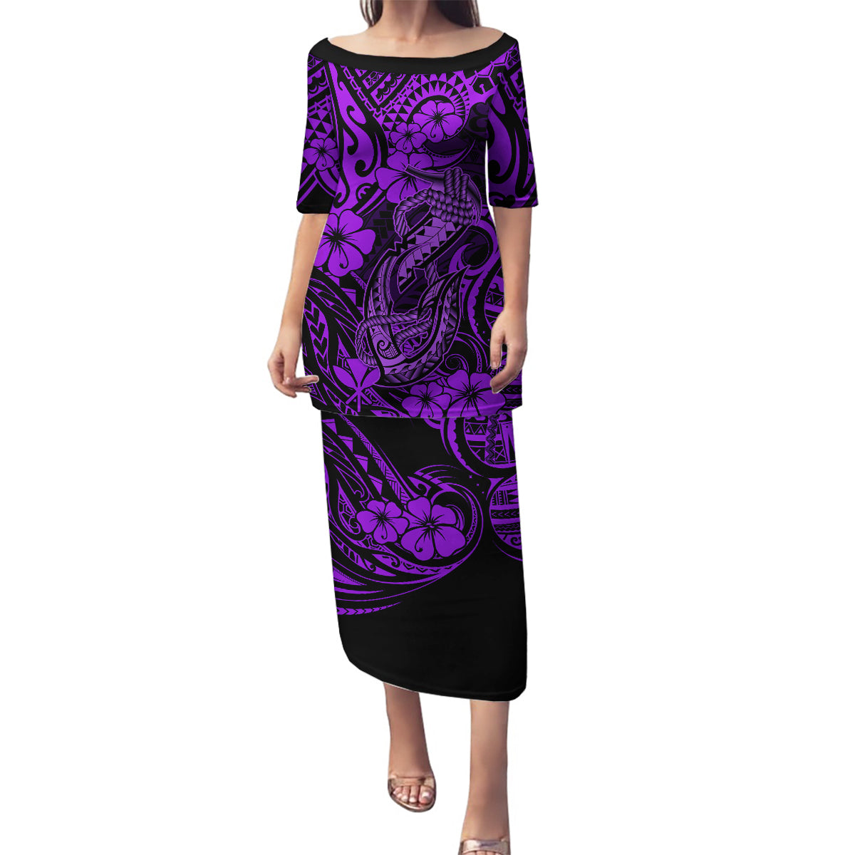 Hawaii Fish Hook Family Matching Puletasi Dress and Hawaiian Shirt Hibiscus Hawaii Tribal Tattoo Purple Version - Wonder Print Shop