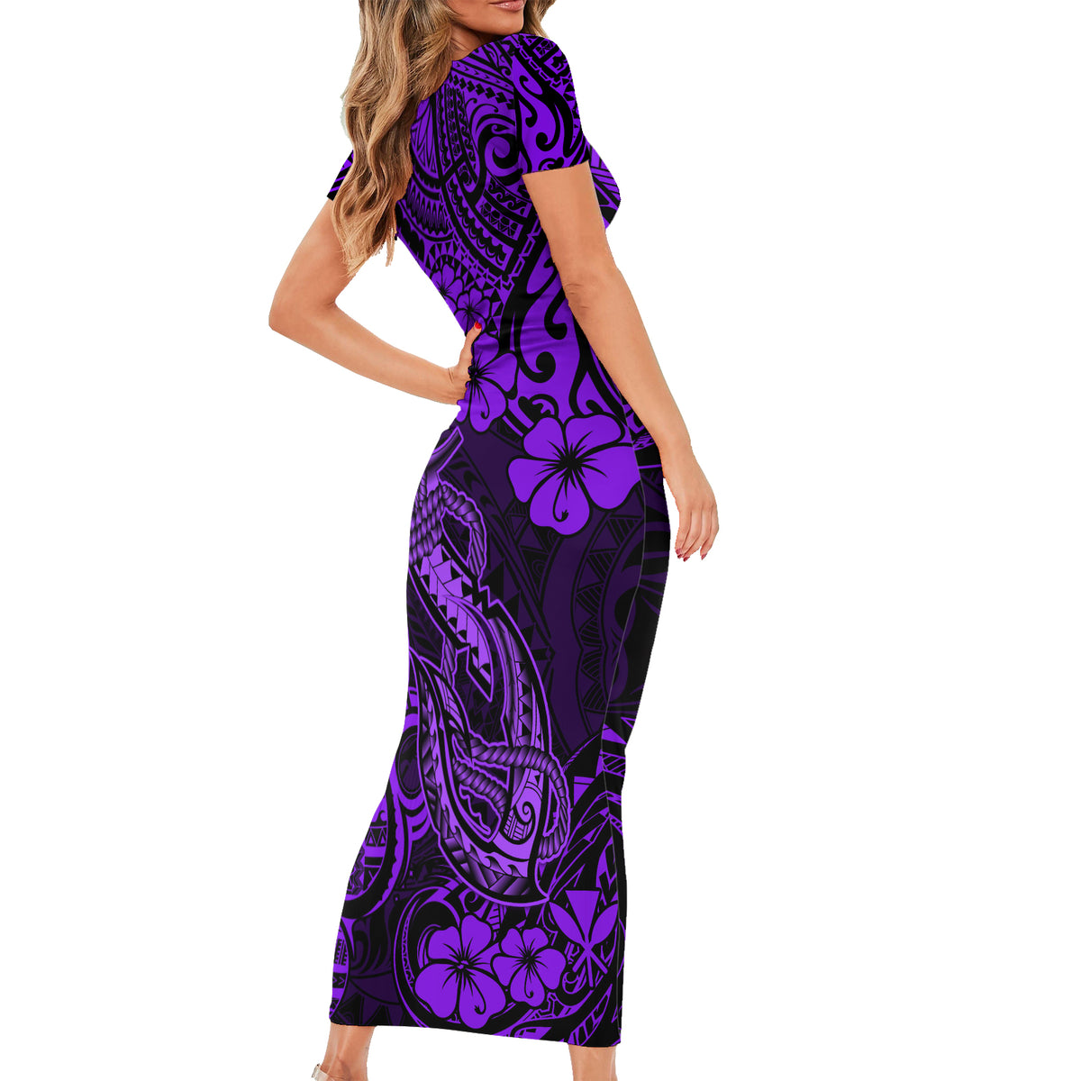 Hawaii Fish Hook Family Matching Short Sleeve Bodycon Dress and Hawaiian Shirt Hibiscus Hawaii Tribal Tattoo Purple Version - Wonder Print Shop