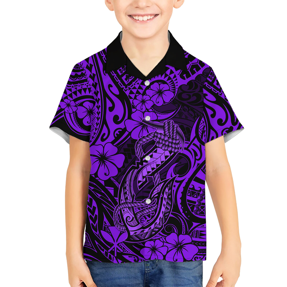 Hawaii Fish Hook Family Matching Short Sleeve Bodycon Dress and Hawaiian Shirt Hibiscus Hawaii Tribal Tattoo Purple Version - Wonder Print Shop