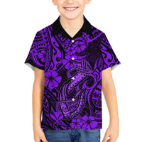 Hawaii Fish Hook Family Matching Short Sleeve Bodycon Dress and Hawaiian Shirt Hibiscus Hawaii Tribal Tattoo Purple Version - Wonder Print Shop