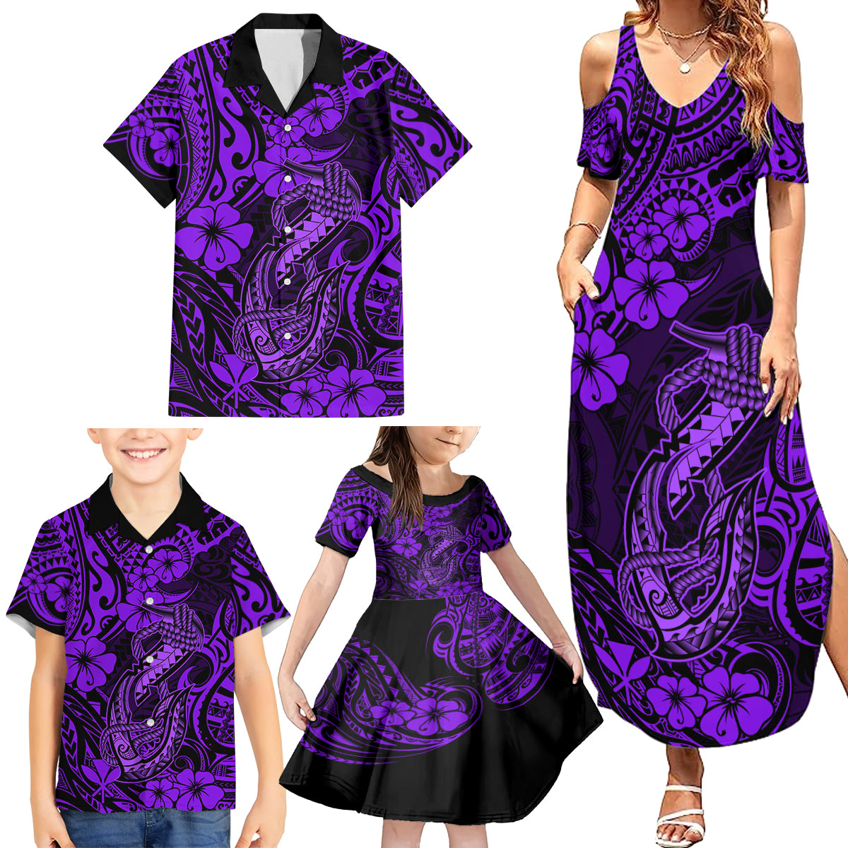 Hawaii Fish Hook Family Matching Summer Maxi Dress and Hawaiian Shirt Hibiscus Hawaii Tribal Tattoo Purple Version - Wonder Print Shop