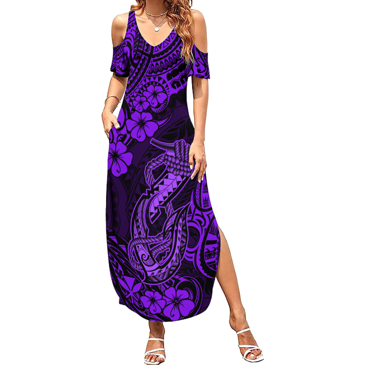 Hawaii Fish Hook Family Matching Summer Maxi Dress and Hawaiian Shirt Hibiscus Hawaii Tribal Tattoo Purple Version - Wonder Print Shop