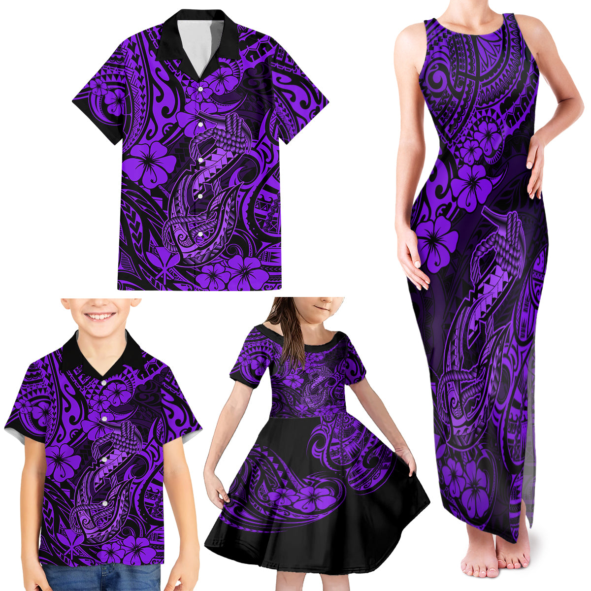Hawaii Fish Hook Family Matching Tank Maxi Dress and Hawaiian Shirt Hibiscus Hawaii Tribal Tattoo Purple Version - Wonder Print Shop