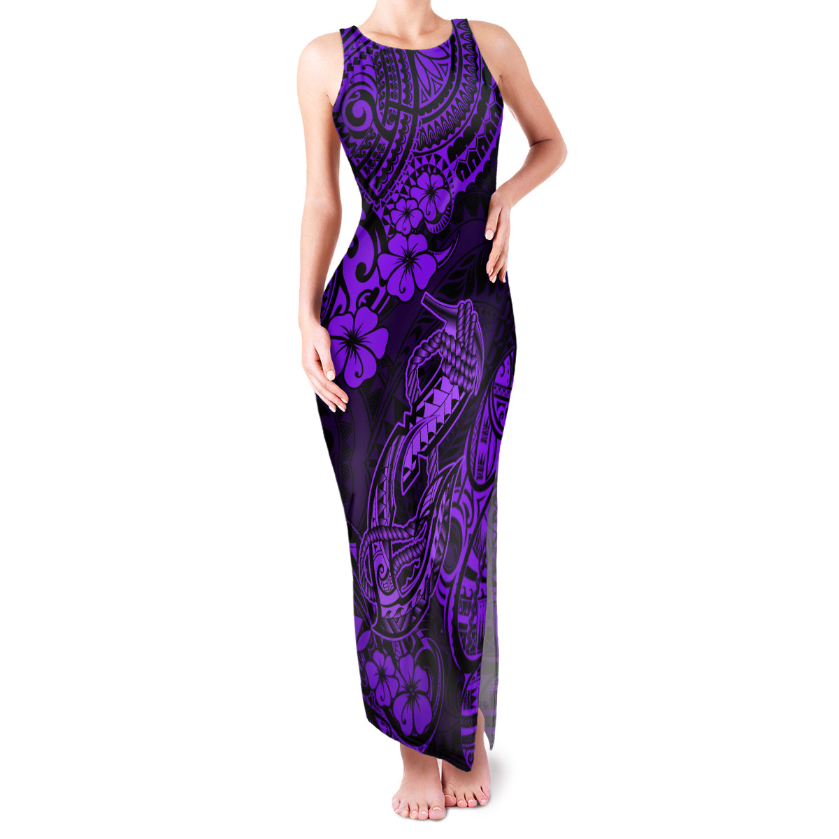 Hawaii Fish Hook Family Matching Tank Maxi Dress and Hawaiian Shirt Hibiscus Hawaii Tribal Tattoo Purple Version - Wonder Print Shop