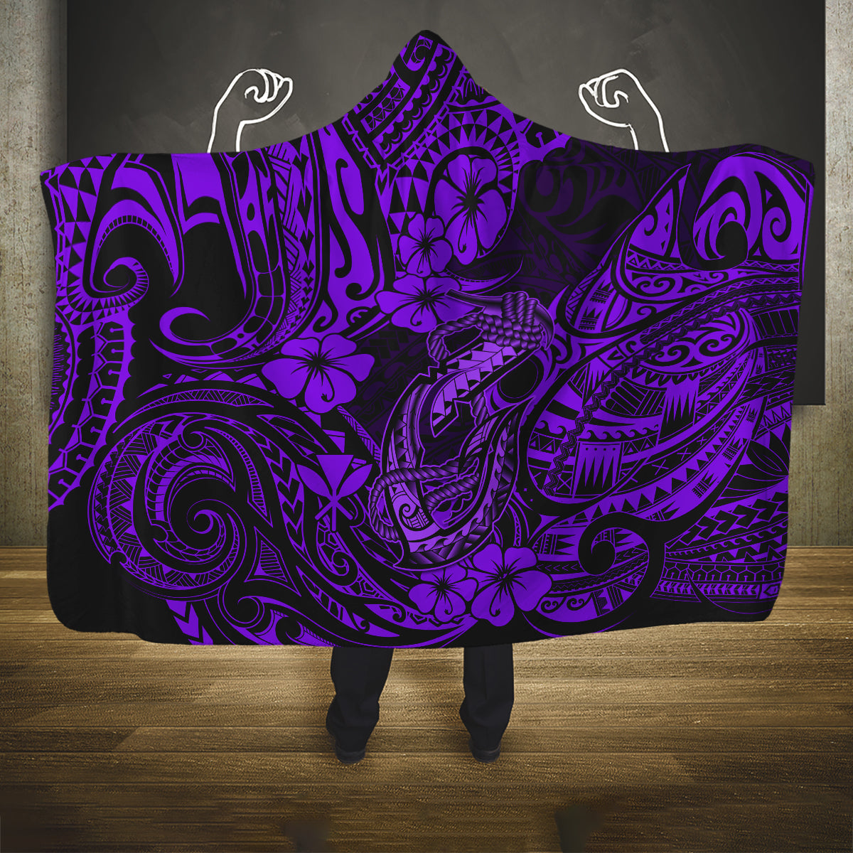 hawaii-fish-hook-hooded-blanket-hibiscus-hawaii-tribal-tattoo-purple-version