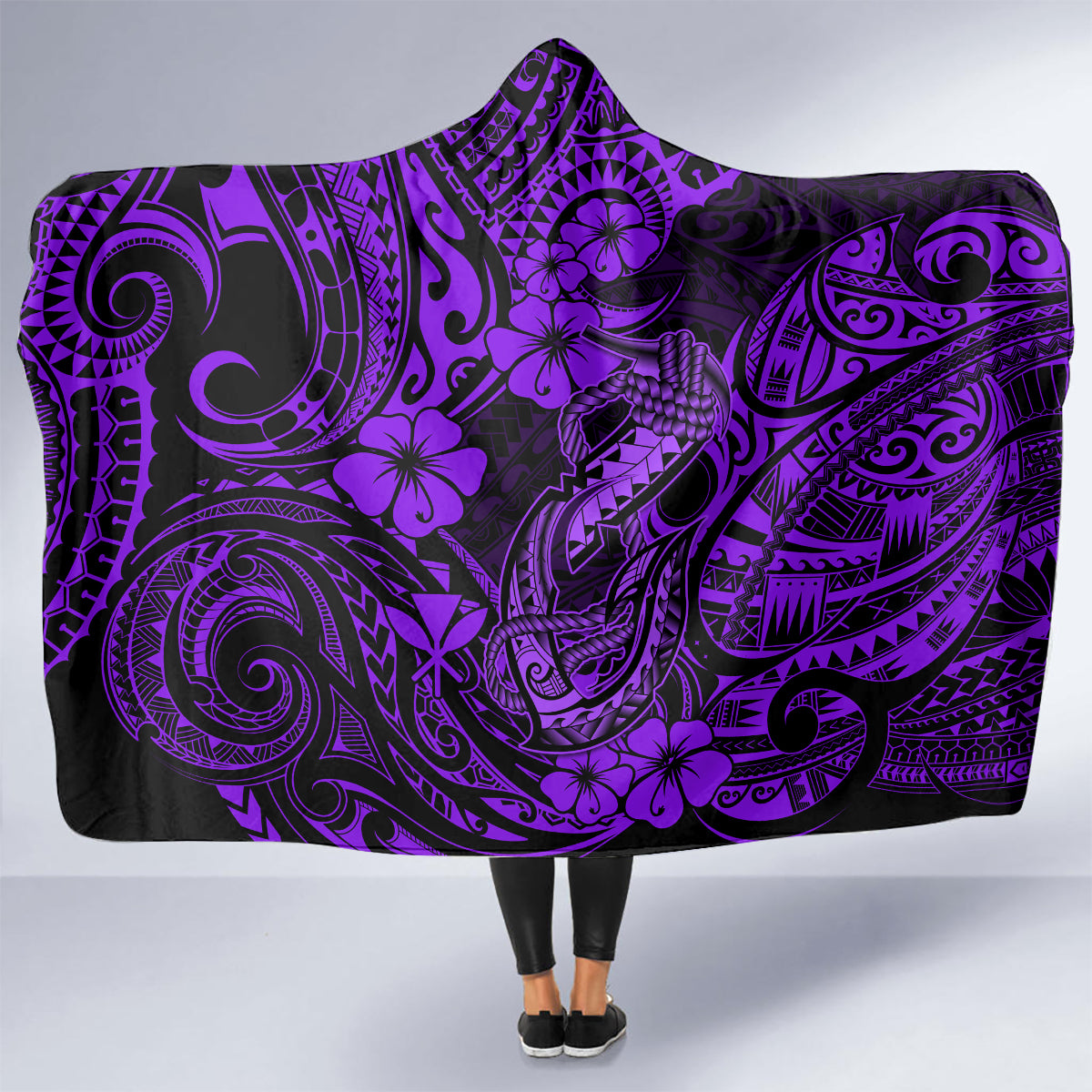 hawaii-fish-hook-hooded-blanket-hibiscus-hawaii-tribal-tattoo-purple-version