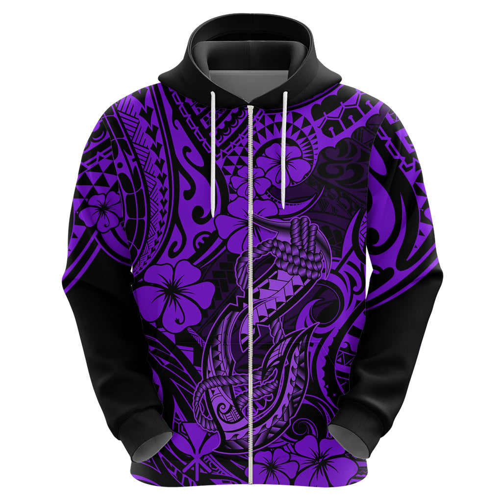 Hawaii Fish Hook Hoodie Hibiscus Hawaii Tribal Tattoo Purple Version - Wonder Print Shop