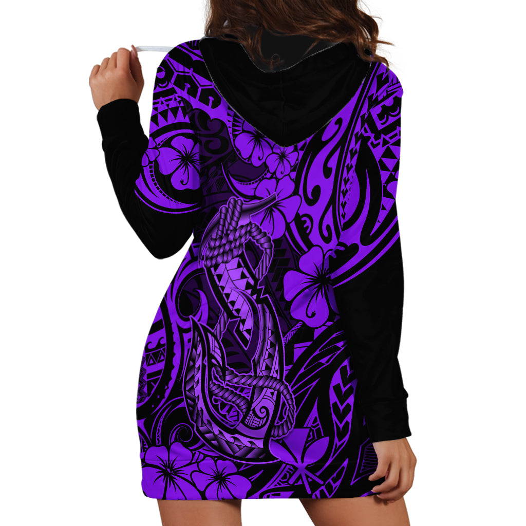 Hawaii Fish Hook Hoodie Dress Hibiscus Hawaii Tribal Tattoo Purple Version - Wonder Print Shop