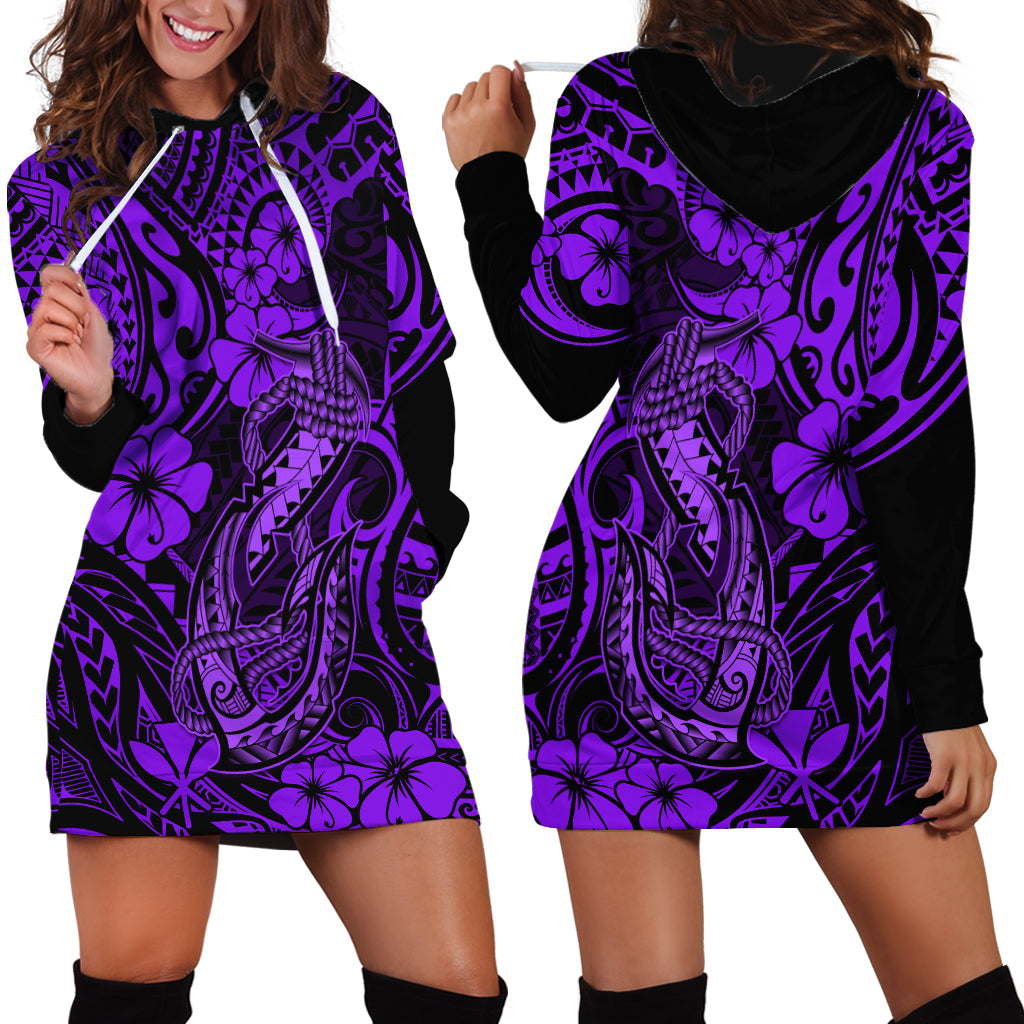 Hawaii Fish Hook Hoodie Dress Hibiscus Hawaii Tribal Tattoo Purple Version - Wonder Print Shop