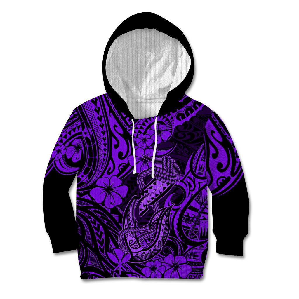 Hawaii Fish Hook Kid Hoodie Hibiscus Hawaii Tribal Tattoo Purple Version - Wonder Print Shop