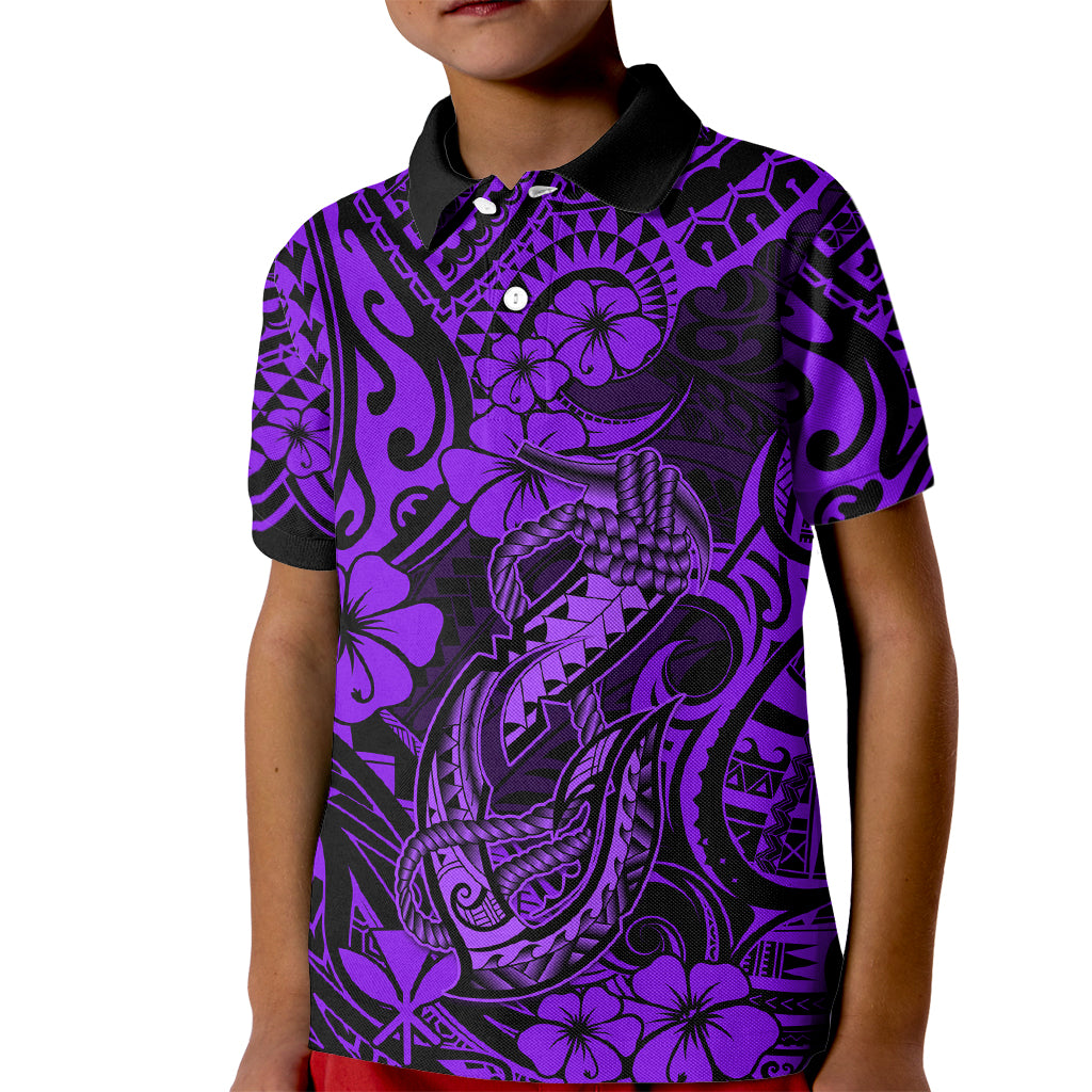 Hawaii Fish Hook Kid Polo Shirt Hibiscus Hawaii Tribal Tattoo Purple Version - Wonder Print Shop