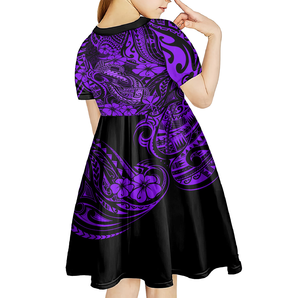 Hawaii Fish Hook Kid Short Sleeve Dress Hibiscus Hawaii Tribal Tattoo Purple Version - Wonder Print Shop