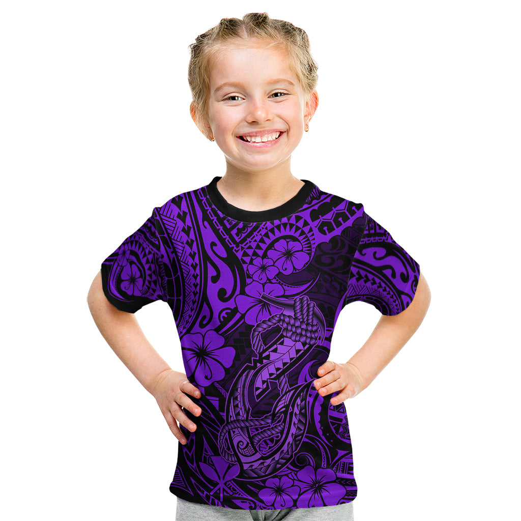 Hawaii Fish Hook Kid T Shirt Hibiscus Hawaii Tribal Tattoo Purple Version - Wonder Print Shop