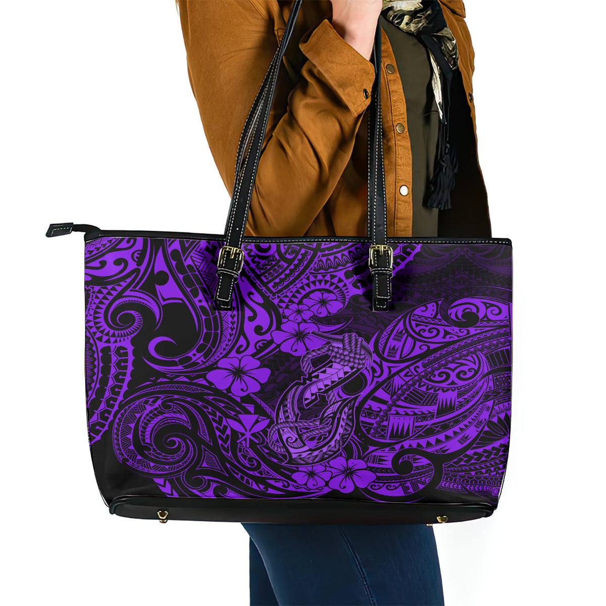 Hawaii Fish Hook Leather Tote Bag Hibiscus Hawaii Tribal Tattoo Purple Version - Wonder Print Shop