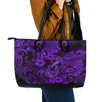 Hawaii Fish Hook Leather Tote Bag Hibiscus Hawaii Tribal Tattoo Purple Version - Wonder Print Shop