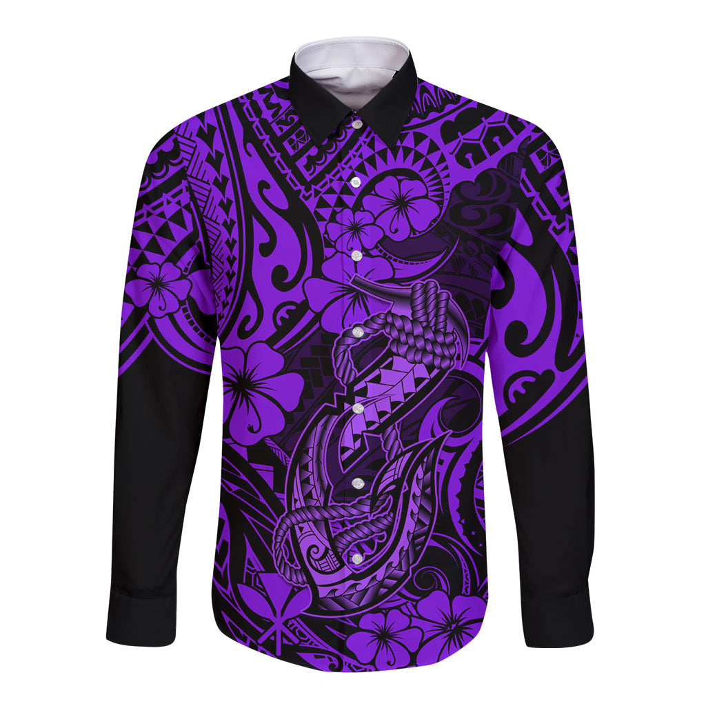 Hawaii Fish Hook Long Sleeve Button Shirt Hibiscus Hawaii Tribal Tattoo Purple Version - Wonder Print Shop