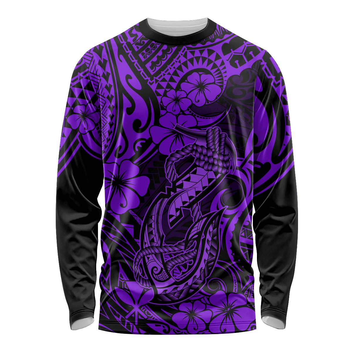 Hawaii Fish Hook Long Sleeve Shirt Hibiscus Hawaii Tribal Tattoo Purple Version - Wonder Print Shop