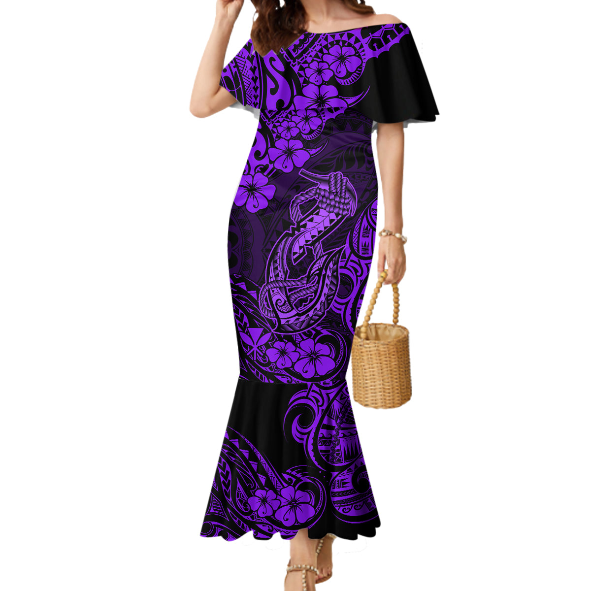 Hawaii Fish Hook Mermaid Dress Hibiscus Hawaii Tribal Tattoo Purple Version - Wonder Print Shop