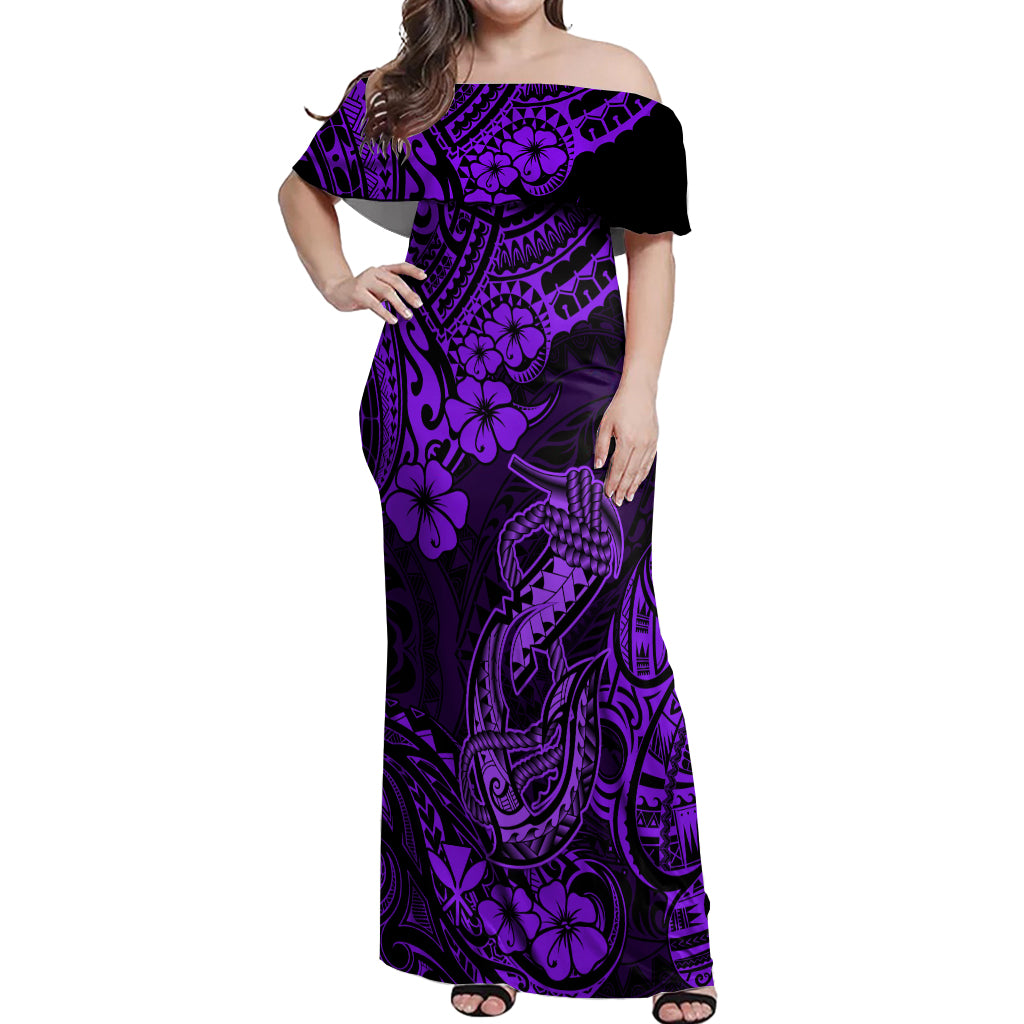 Hawaii Fish Hook Off Shoulder Maxi Dress Hibiscus Hawaii Tribal Tattoo Purple Version - Wonder Print Shop