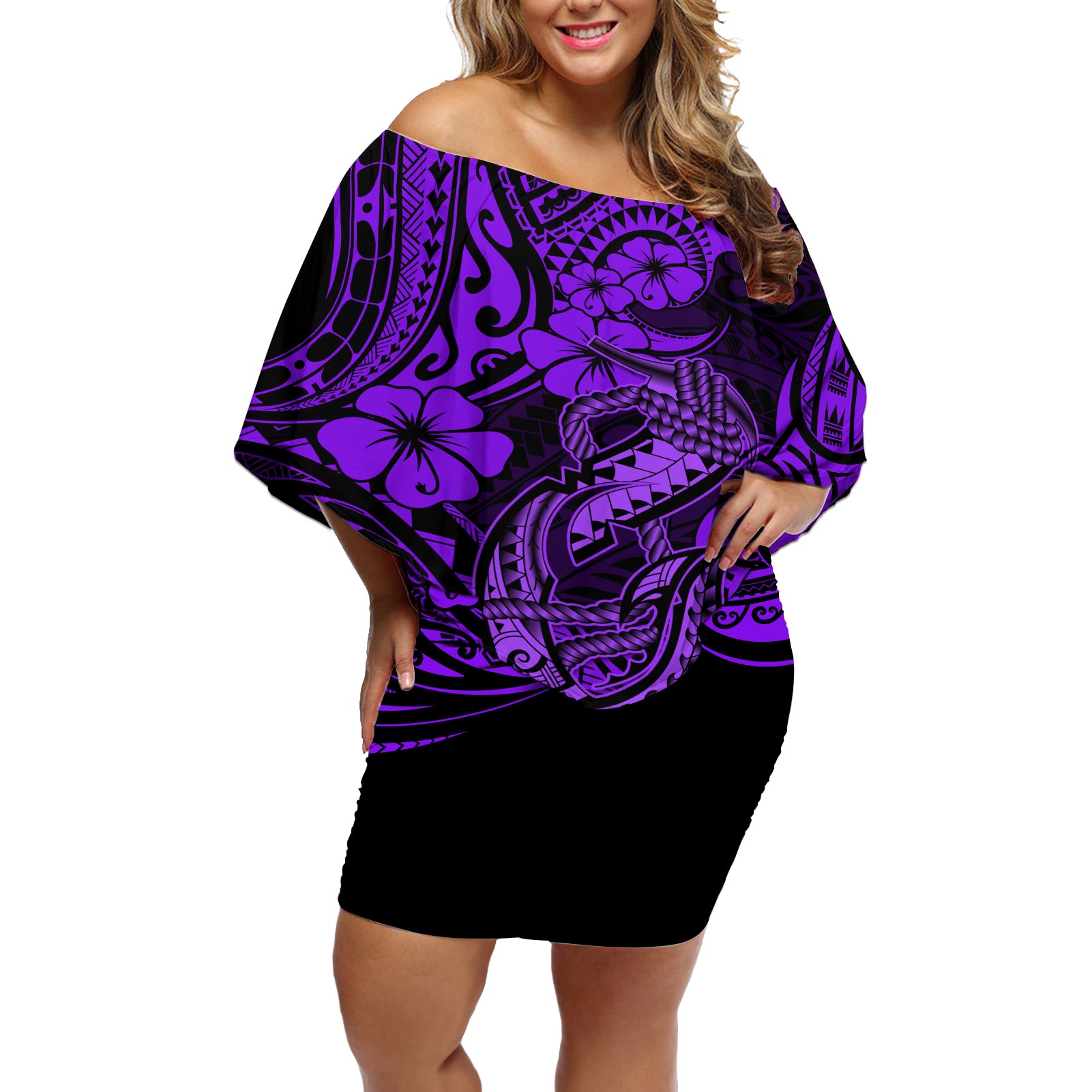Hawaii Fish Hook Off Shoulder Short Dress Hibiscus Hawaii Tribal Tattoo Purple Version - Wonder Print Shop