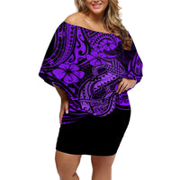 Hawaii Fish Hook Off Shoulder Short Dress Hibiscus Hawaii Tribal Tattoo Purple Version - Wonder Print Shop