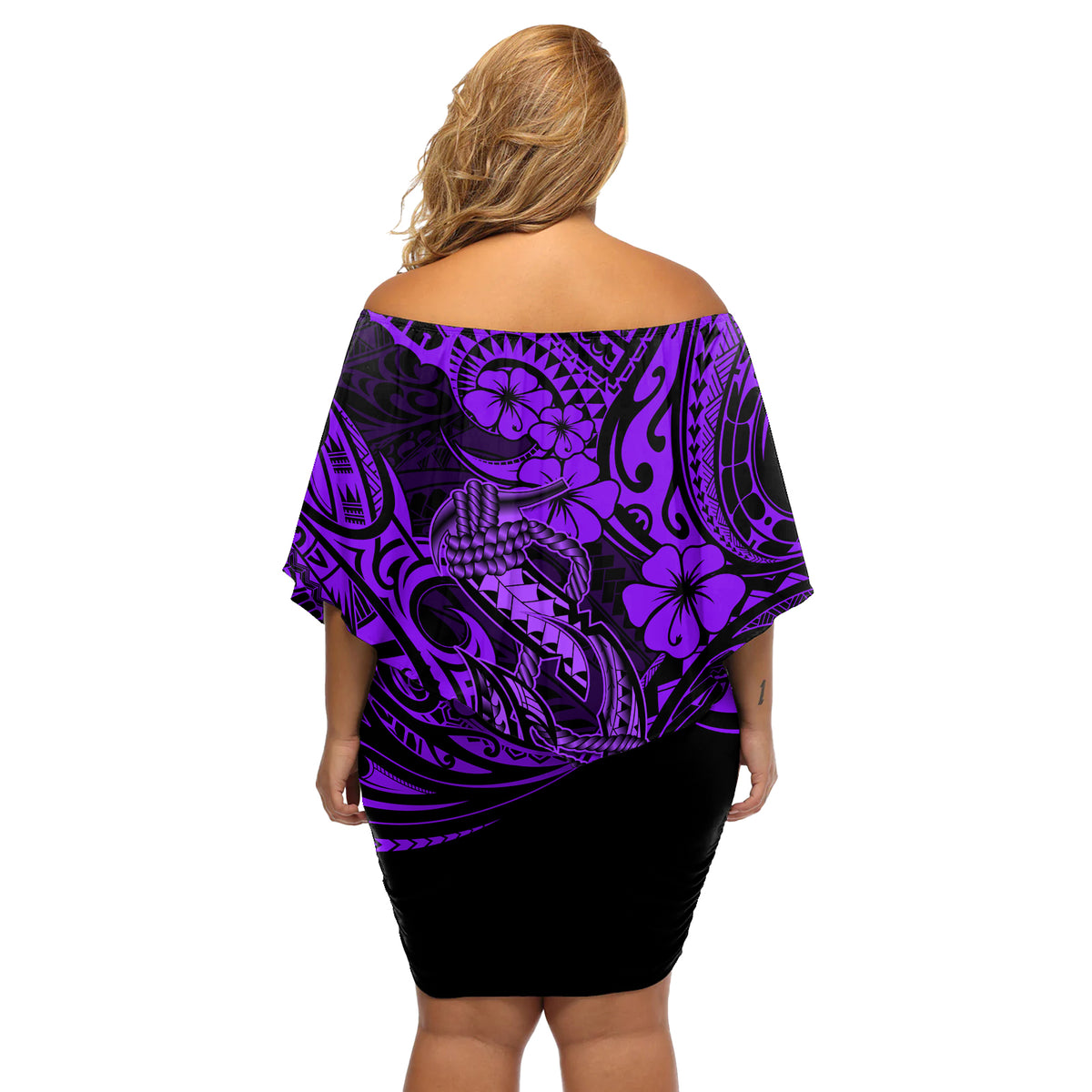 Hawaii Fish Hook Off Shoulder Short Dress Hibiscus Hawaii Tribal Tattoo Purple Version - Wonder Print Shop