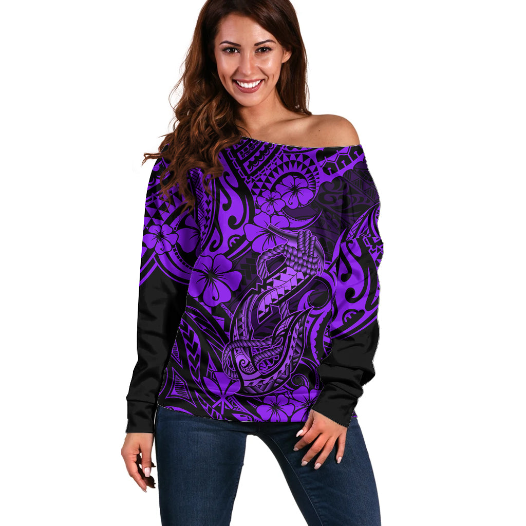 Hawaii Fish Hook Off Shoulder Sweater Hibiscus Hawaii Tribal Tattoo Purple Version - Wonder Print Shop