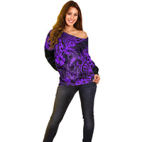 Hawaii Fish Hook Off Shoulder Sweater Hibiscus Hawaii Tribal Tattoo Purple Version - Wonder Print Shop