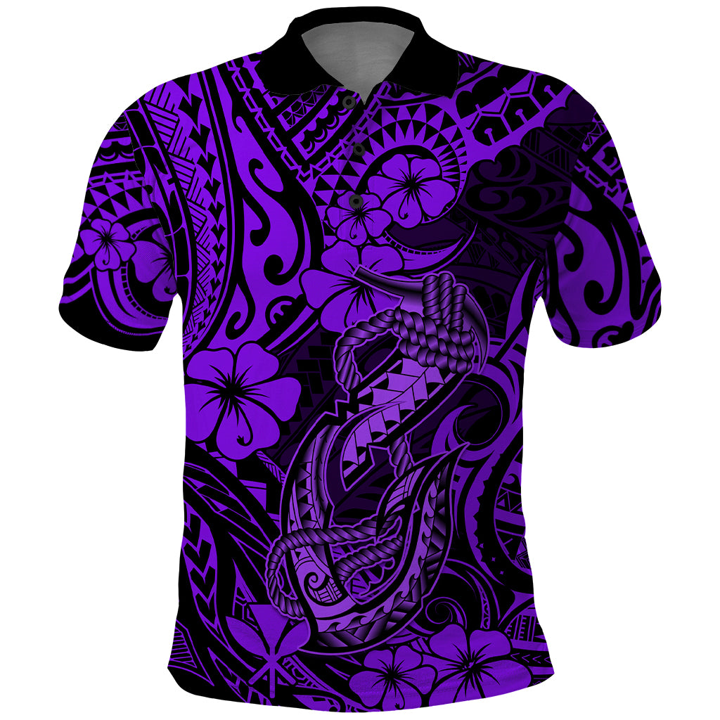 Hawaii Fish Hook Polo Shirt Hibiscus Hawaii Tribal Tattoo Purple Version - Wonder Print Shop
