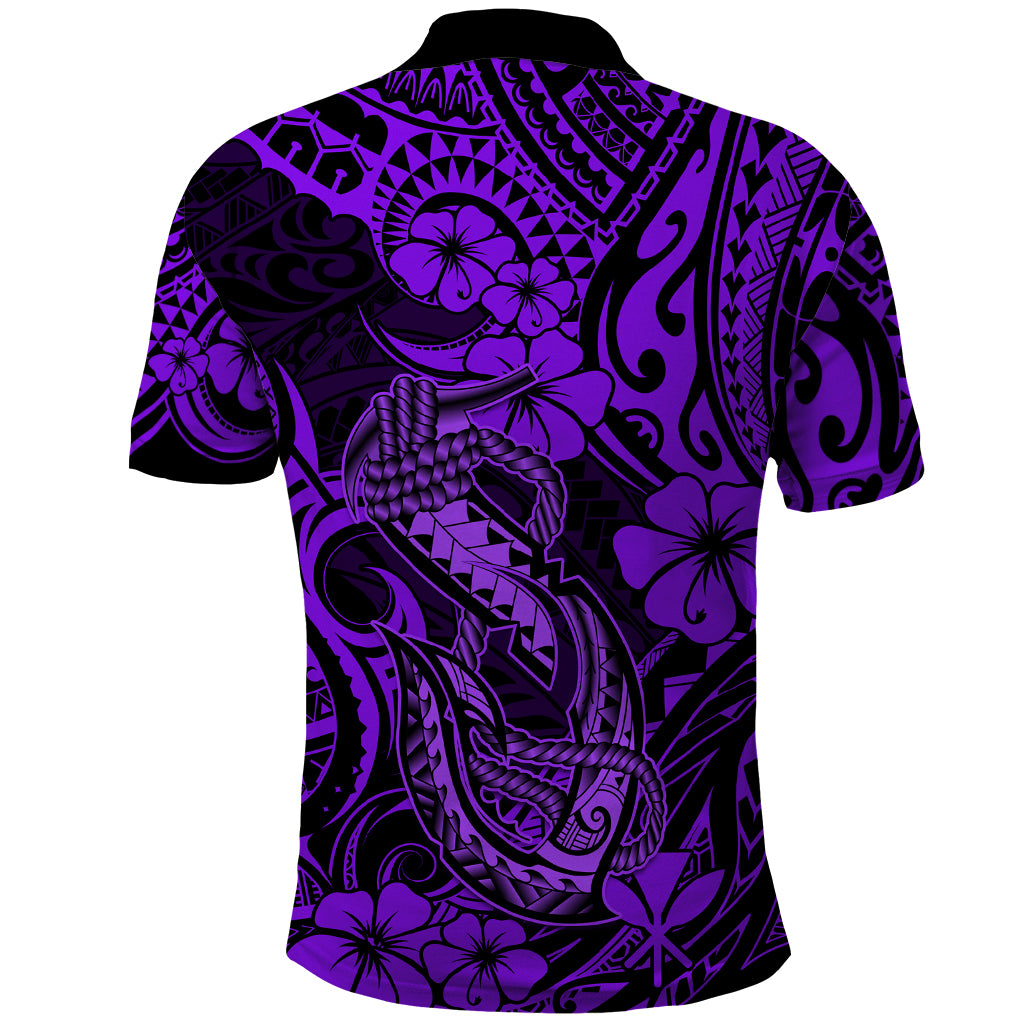 Hawaii Fish Hook Polo Shirt Hibiscus Hawaii Tribal Tattoo Purple Version - Wonder Print Shop