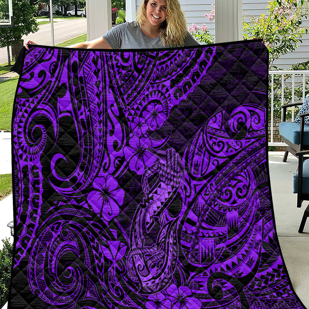 Hawaii Fish Hook Quilt Hibiscus Hawaii Tribal Tattoo Purple Version - Wonder Print Shop