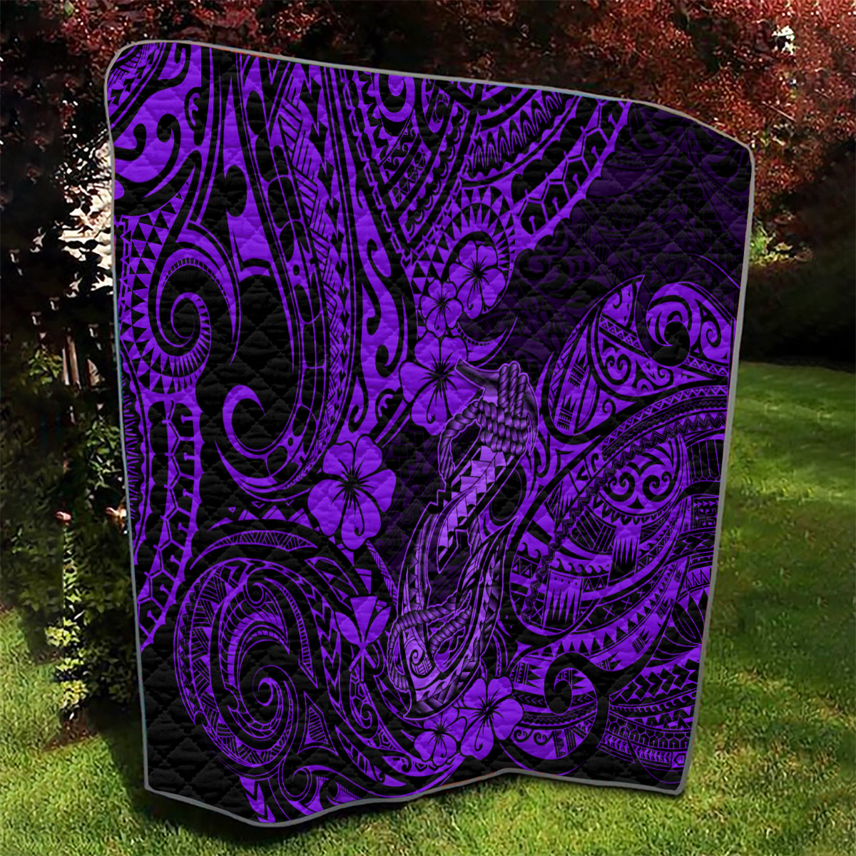 Hawaii Fish Hook Quilt Hibiscus Hawaii Tribal Tattoo Purple Version - Wonder Print Shop