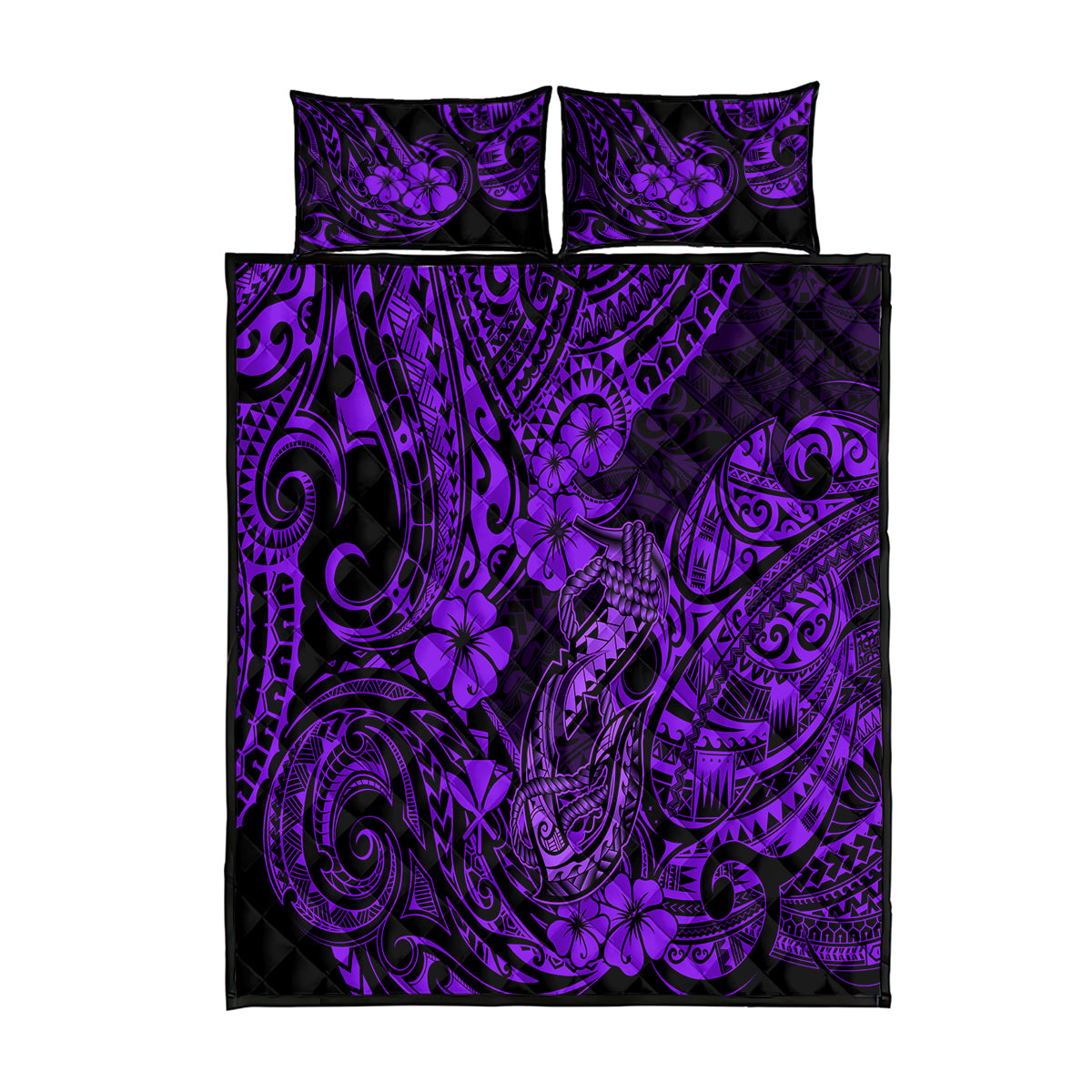 Hawaii Fish Hook Quilt Bed Set Hibiscus Hawaii Tribal Tattoo Purple Version - Wonder Print Shop
