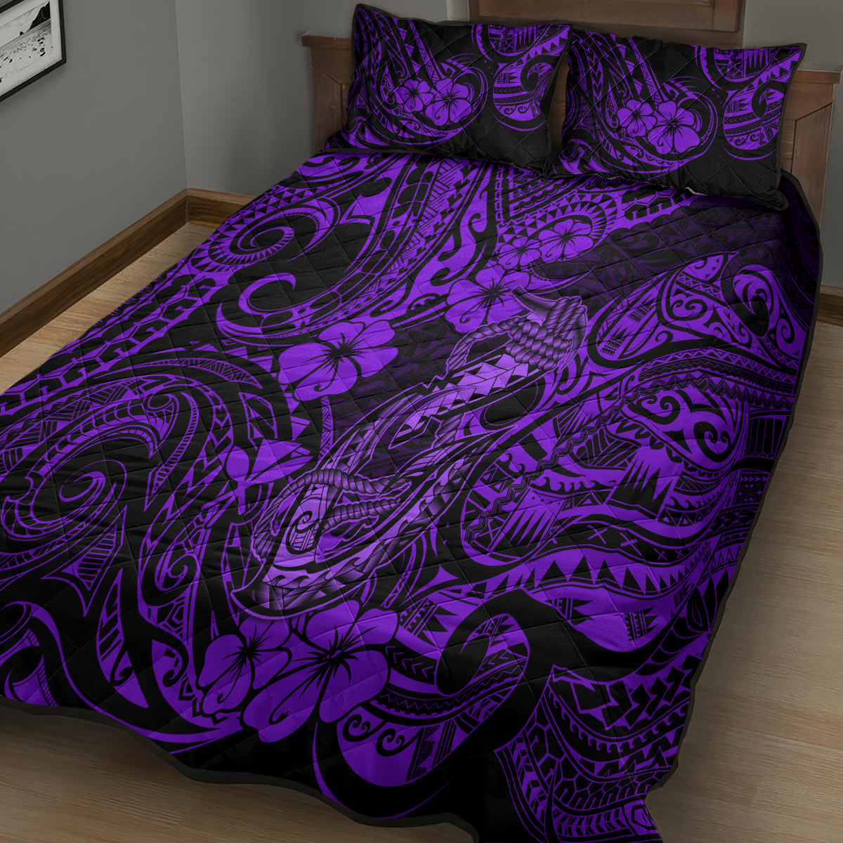 Hawaii Fish Hook Quilt Bed Set Hibiscus Hawaii Tribal Tattoo Purple Version - Wonder Print Shop