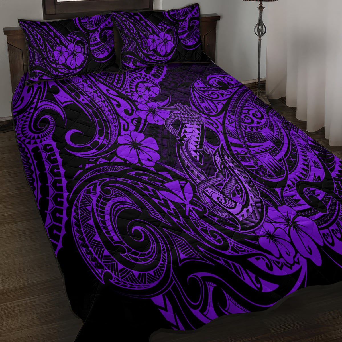 Hawaii Fish Hook Quilt Bed Set Hibiscus Hawaii Tribal Tattoo Purple Version - Wonder Print Shop