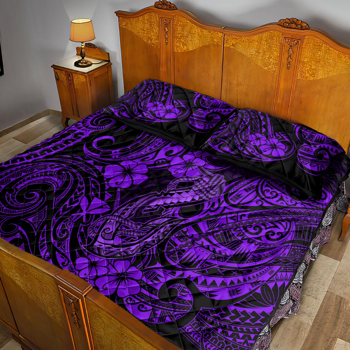 Hawaii Fish Hook Quilt Bed Set Hibiscus Hawaii Tribal Tattoo Purple Version - Wonder Print Shop