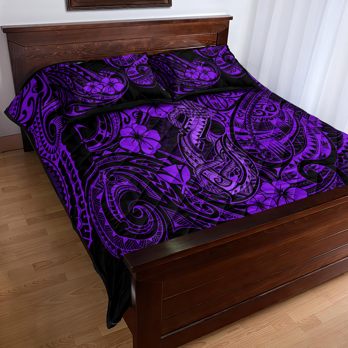 Hawaii Fish Hook Quilt Bed Set Hibiscus Hawaii Tribal Tattoo Purple Version - Wonder Print Shop