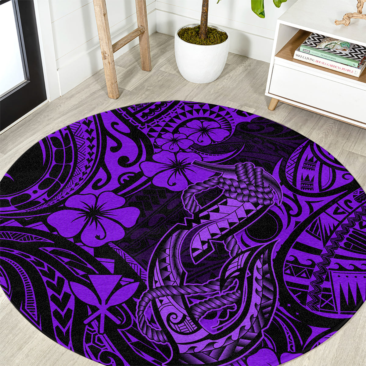 hawaii-fish-hook-round-carpet-hibiscus-hawaii-tribal-tattoo-purple-version