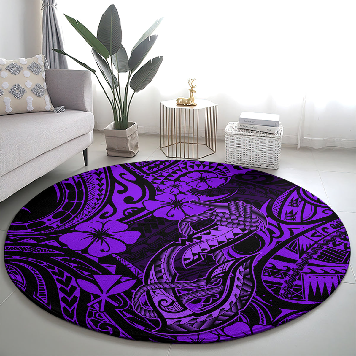 hawaii-fish-hook-round-carpet-hibiscus-hawaii-tribal-tattoo-purple-version