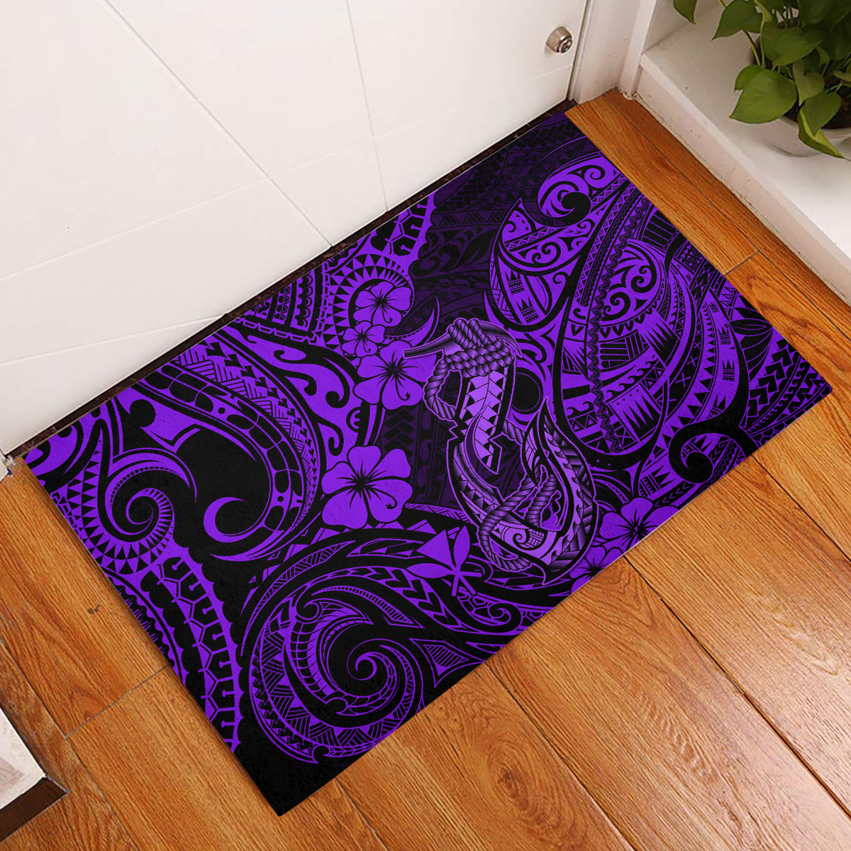 Hawaii Fish Hook Rubber Doormat Hibiscus Hawaii Tribal Tattoo Purple Version - Wonder Print Shop