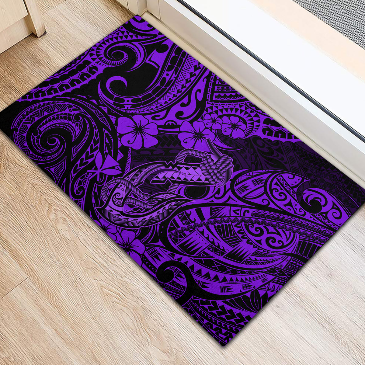 Hawaii Fish Hook Rubber Doormat Hibiscus Hawaii Tribal Tattoo Purple Version - Wonder Print Shop
