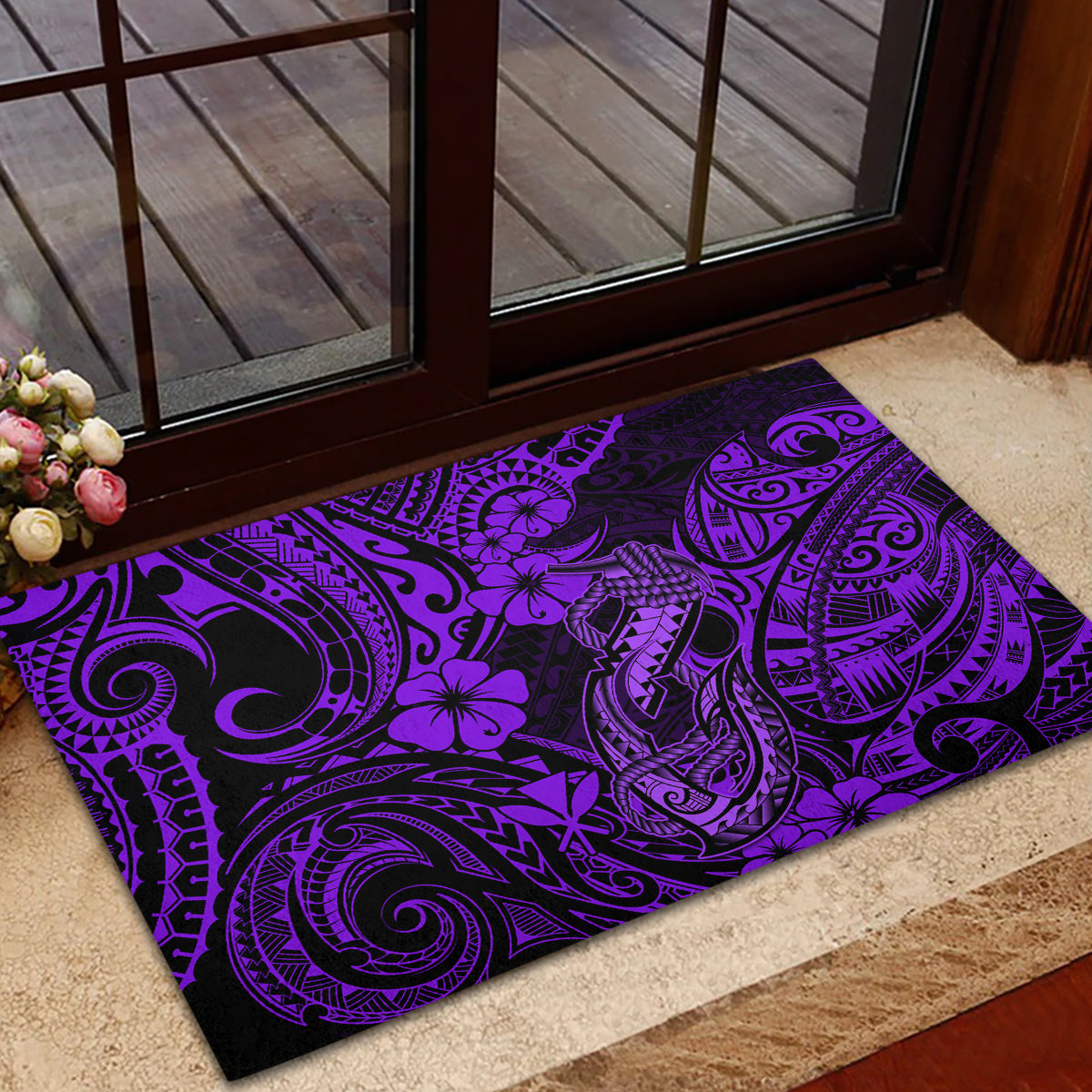 Hawaii Fish Hook Rubber Doormat Hibiscus Hawaii Tribal Tattoo Purple Version - Wonder Print Shop