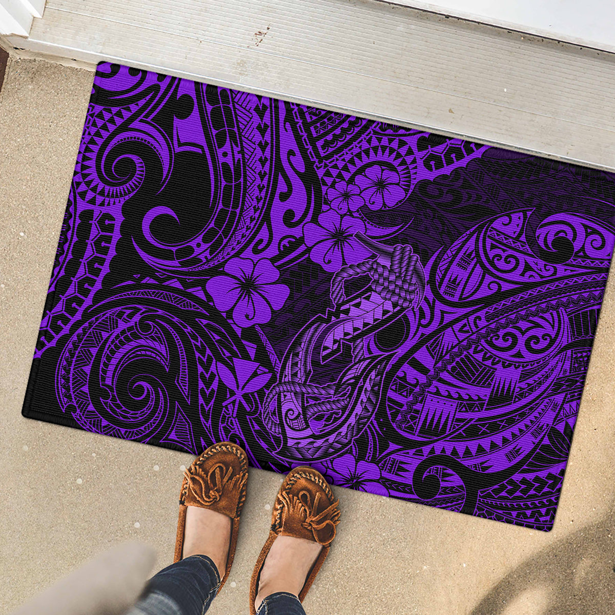 Hawaii Fish Hook Rubber Doormat Hibiscus Hawaii Tribal Tattoo Purple Version - Wonder Print Shop