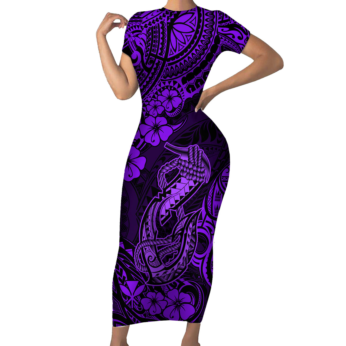 Hawaii Fish Hook Short Sleeve Bodycon Dress Hibiscus Hawaii Tribal Tattoo Purple Version - Wonder Print Shop