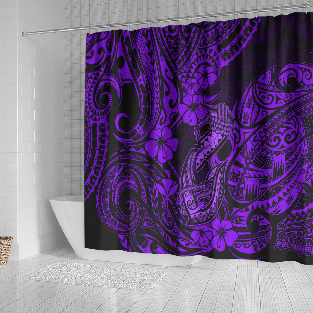 hawaii-fish-hook-shower-curtain-hibiscus-hawaii-tribal-tattoo-purple-version
