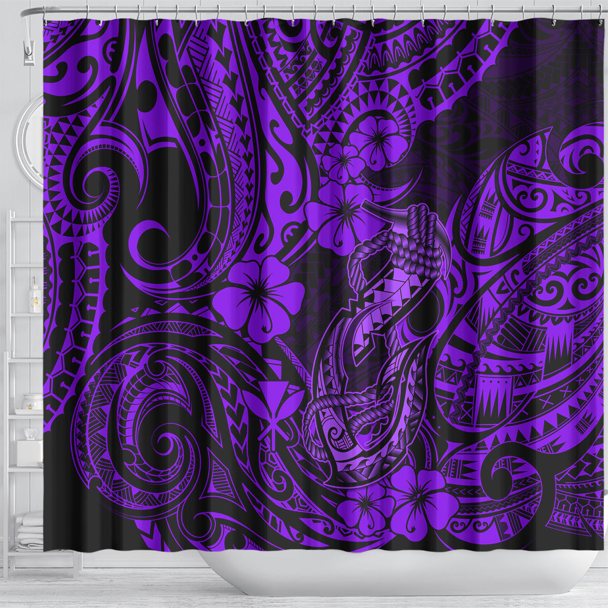 hawaii-fish-hook-shower-curtain-hibiscus-hawaii-tribal-tattoo-purple-version