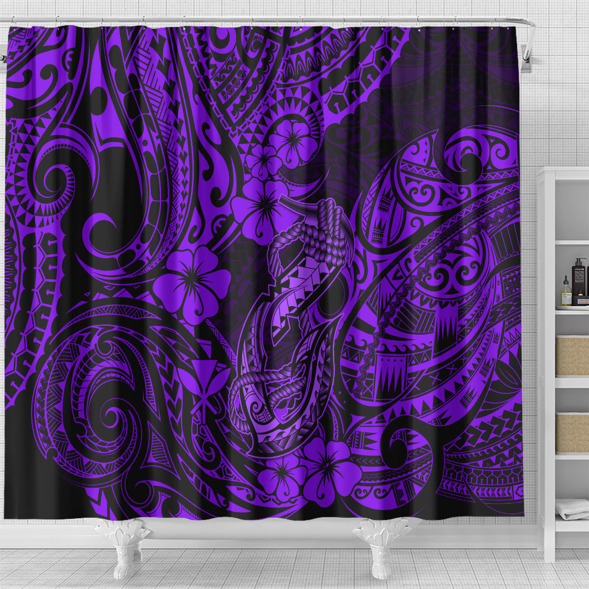 hawaii-fish-hook-shower-curtain-hibiscus-hawaii-tribal-tattoo-purple-version