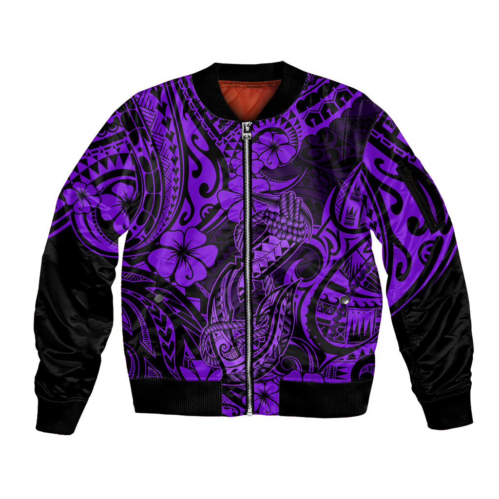 Hawaii Fish Hook Sleeve Zip Bomber Jacket Hibiscus Hawaii Tribal Tattoo Purple Version - Wonder Print Shop